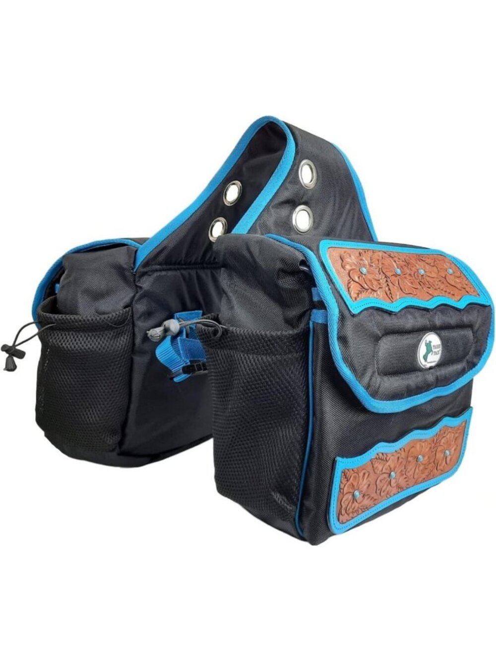 Turquoise Flower Western Saddlebags, Durable 1680D Nylon, Hand Tooled Leather